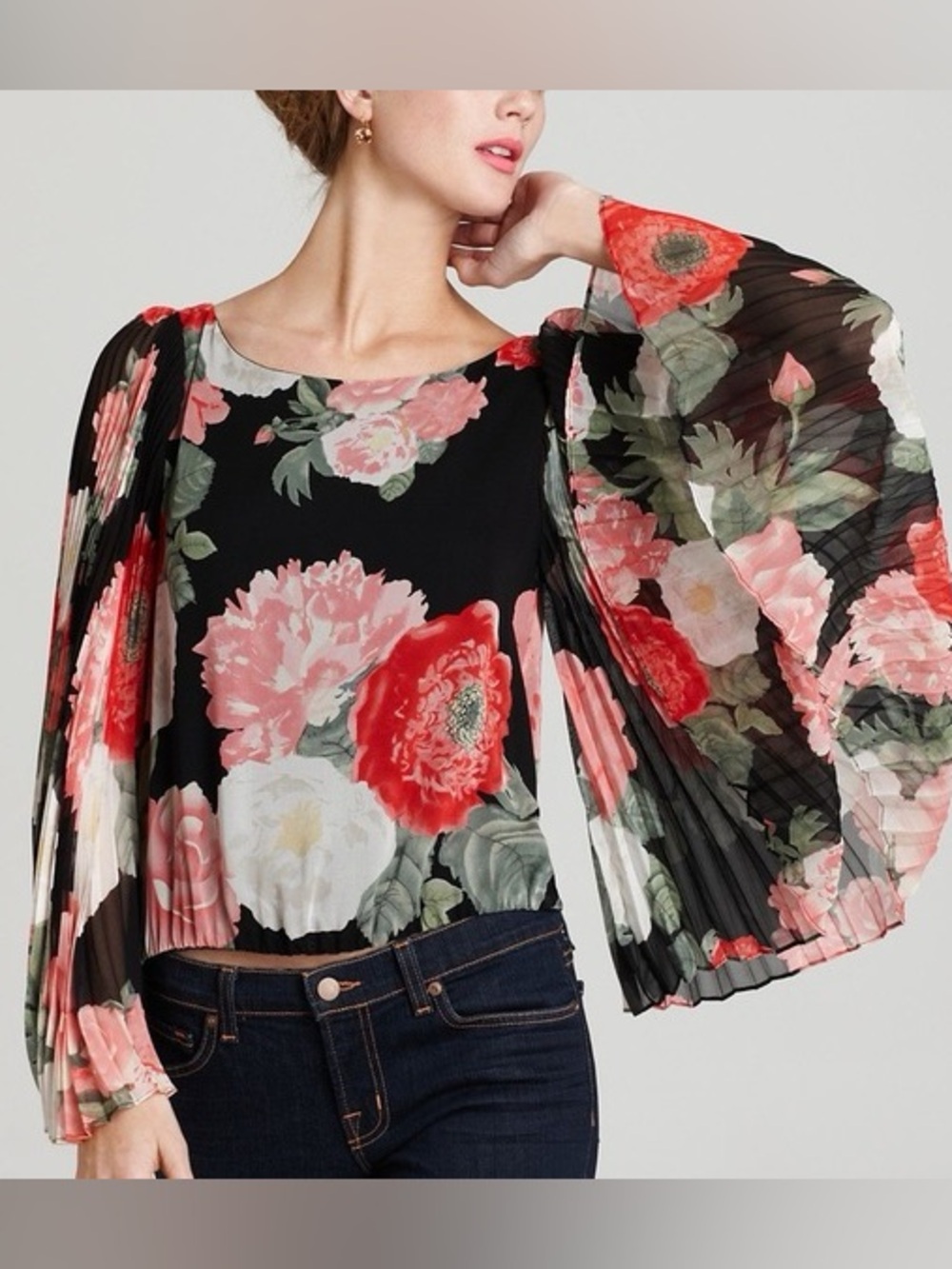 Alice + Olivia Black Floral Pleated Accordion Bell-Sleeve Silk Blouse